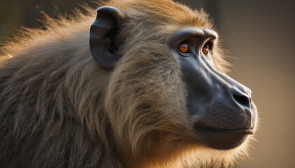  a close up of a long - haired monkey's face with a blurry background and a blurry background.