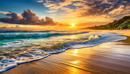 Naklejka premium The beach at sunset with a captivating setting sun