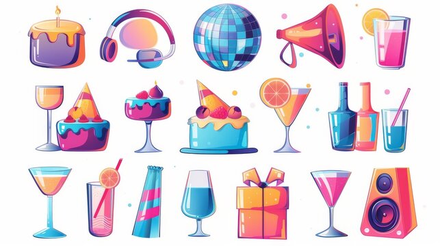 The disco ball, hats, cocktails and cake are part of the happy birthday party set. Isolated modern cartoon images of event or holiday celebration equipment, gifts, drinks, and music speakers.