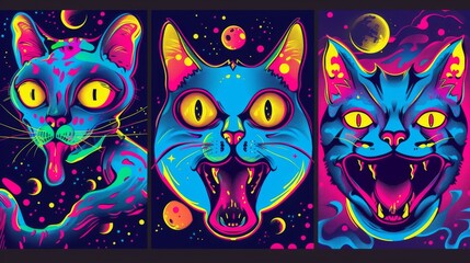 Modern cartoon hippie posters with druds, psychedelic rave trip party banner templates. Cat and martian with three eyes, mouth with tongue, acid backgrounds.