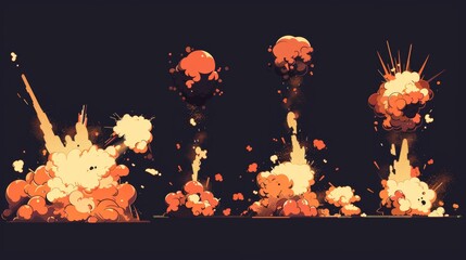 Cartoon animation set of blast effects from dynamite or rockets, isolated on black background.