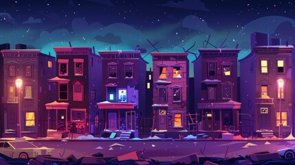 Cartoon illustration of a ghetto street at night, dilapidated and abandoned old buildings, a car, and litter lying on the roadside. Slum ruined old buildings with glowing windows.