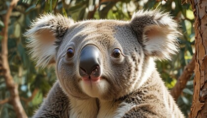  a close up of a koala in a tree looking at the camera with a surprised look on its face.