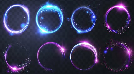 An image of a glow circle with sparkles, magic light effect, with a modern realistic set of blue and purple shiny rings, swirls, and a round frame of flare trail with glitter dust.