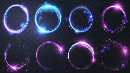 Foto auf Leinwand An image of a glow circle with sparkles, magic light effect, with a modern realistic set of blue and purple shiny rings, swirls, and a round frame of flare trail with glitter dust. © Mark