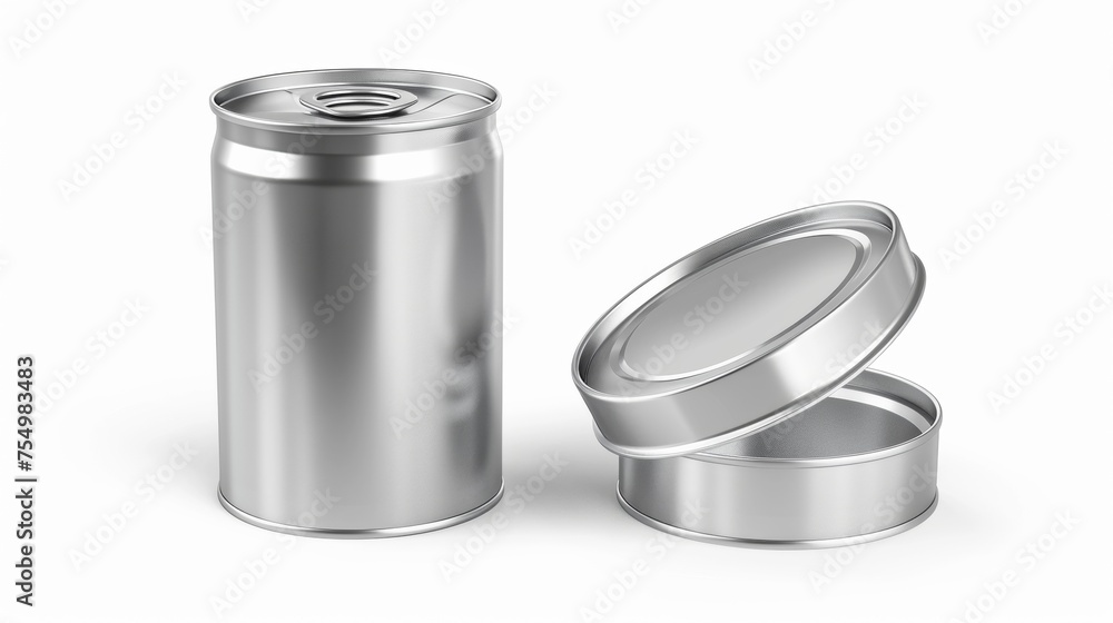 Poster this realistic 3d modern mockup depicts a tin can with an open key in the front and an angle view of