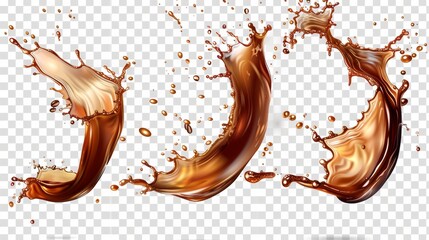 The liquid waves of brown water, whiskey or beer with drops and swirls are isolated over a transparent background. Modern realistic set of liquid waves of falling and flowing brown water, whiskey or - obrazy, fototapety, plakaty
