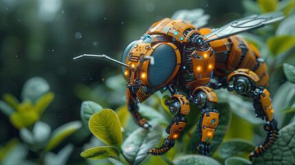 Virtual beekeeping takes form in this 3D-rendered robotic bee, a character of futuristic wildlife conservation. - obrazy, fototapety, plakaty