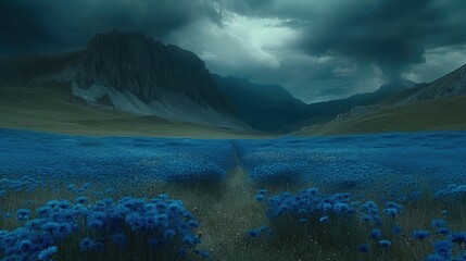 a field of blue flowers in front of a mountain range with a dark sky in the background and dark clouds in the sky.