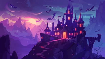 Rolgordijnen In a dark sky, a creepy castle on a rock, haunted by gothic architecture, with pointed tower roofs and glowing windows. Fantasy Dracula home, Cartoon modern illustration. © Mark