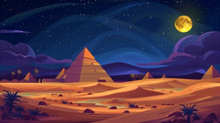 Obraz na płótnie Canvas A modern illustration depicting an Egyptian desert with a river and pyramids at night. This illustration shows a desert landscape with sand dunes, a stream of water from the Nile, and ancient burial
