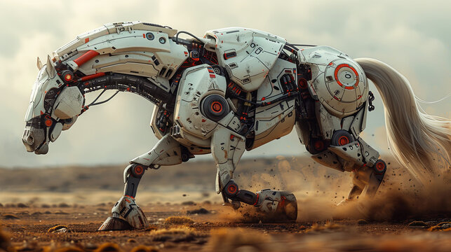 This image features a sleek, modern robotic horse striking a dynamic pose against a white backdrop, emphasizing its futuristic and contemporary design.