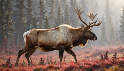  a large elk walking through a forest filled with lots of red grass and tall trees on a foggy day.