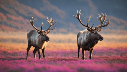  a couple of elk standing next to each other on a field of purple and pink flowers with mountains in the background.