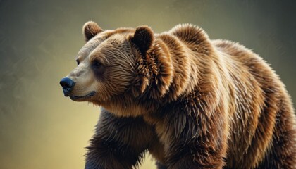 Fototapeta premium a large brown bear standing on top of a grass covered field next to a forest filled with lots of trees.
