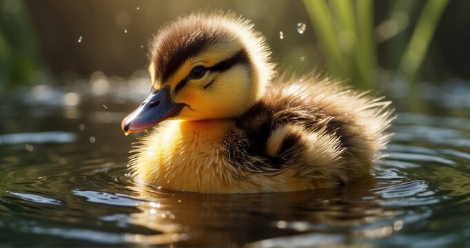 Illustrate a scene where a cute little duckling is bathing in sunlight. Capture the ultra-realistic details of the duckling's wet feathers, the warmth of the sunlight-AI Generative