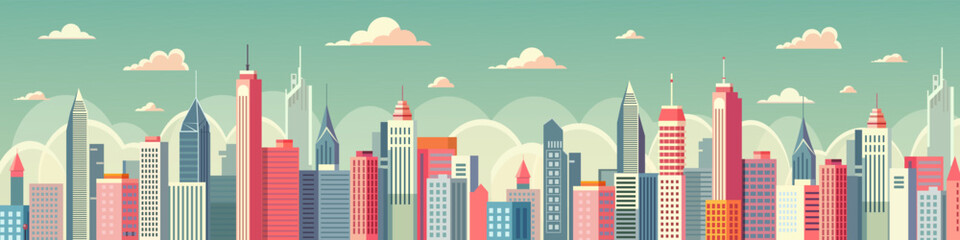 A city skyline with many tall buildings and a white background. The buildings are of different colors and heights, creating a sense of depth and perspective. . Vector illustration - obrazy, fototapety, plakaty