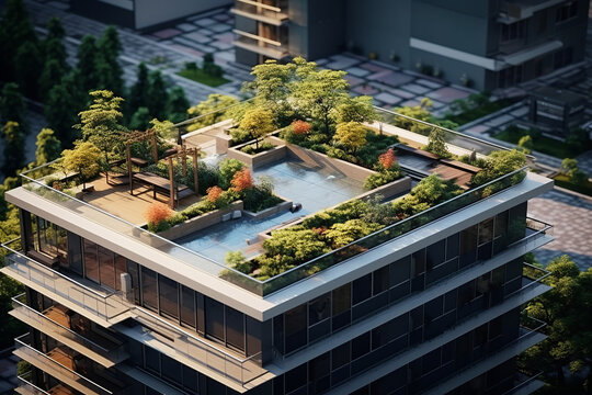 a roof garden with flowers on an office building from the fifties in the center city