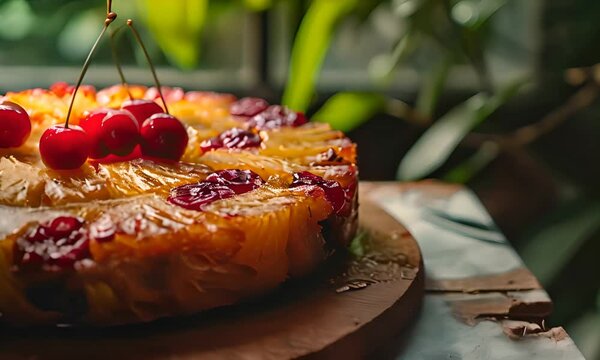 Pineapple and cherry pie on a wooden board, sprinkled sugar. The concept of dessert and sweet pastry.