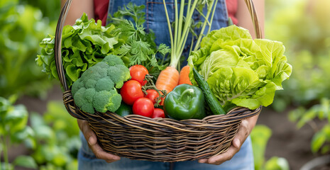 Fototapeta premium A person holding an organic vegetable basket filled with fresh vegetables, showcasing the idea of sustainable and healthy eating practices.