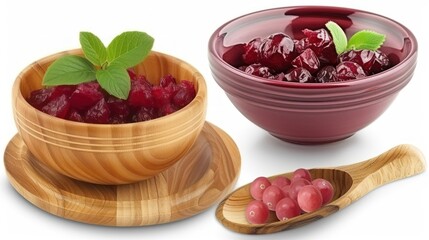 a wooden bowl filled with cherries next to a wooden spoon and bowl of cherries on a white background.