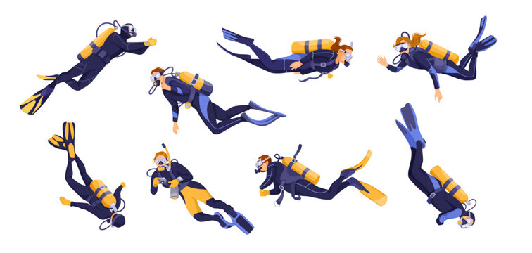 Scuba diving preparing for immersion on bottom of sea. Set of female and male divers in various positions. Concept of exploration and development. Isolated on white background. Vector illustration