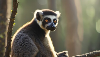 Naklejka premium a close up of a lemura sitting on top of a tree branch in front of a group of trees.