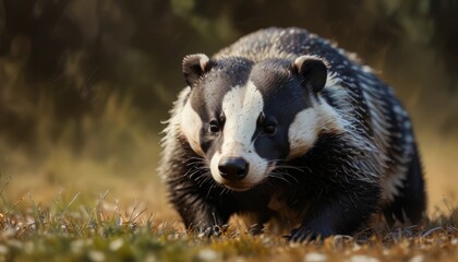  a close up of a badger in a field of grass with trees in the background and a blurry background.