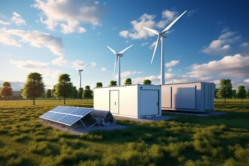 Eco friendly battery energy storage system in nature with misty forest in background and fresh grassland in foreground.