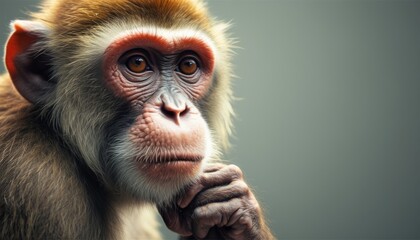  a close up of a monkey's face with a hand on it's chin and a blurry background.