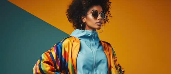 a woman wearing a colorful jacket and sunglasses is standing in front of a yellow and green background . High quality