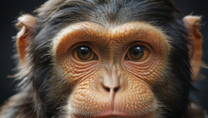  a close up of a monkey's face with a blurry look on it's face and a black background.