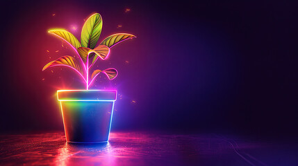 glowing neon light effect plant in apot , bright advertising design element, plant logo light signboard banner for botanists, labs, garden, nursery, plant shop - obrazy, fototapety, plakaty