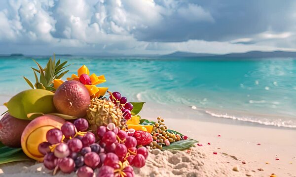 Tropical fruits on a sandy beach with crystal clear water. The concept of relaxation and summer mood.