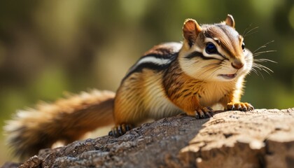  a close up of a small animal on top of a tree trunk with a blurry tree in the background.