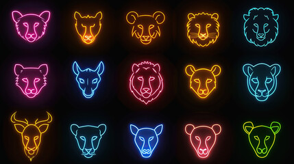 glowing neon light effect animals head, bright advertising design element, set of logo light signboard banner for veterinary clinic, pet shop, night club concept - obrazy, fototapety, plakaty