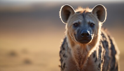  a close up of a hyena's face with the sun shining on the hyena's face. - obrazy, fototapety, plakaty