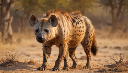  a close up of a hyena on a dirt ground with trees in the background and dust in the foreground.