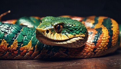  a close up of a green and yellow snake on a wooden surface with its mouth open and it's tongue out. - obrazy, fototapety, plakaty