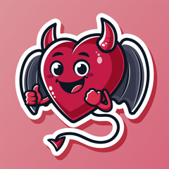 Cute designed sticker with smiling demonic heart with wings, tail and thumb up. Red lovely devil character. Cartoon face icon. Isolated on pink background. Vector illustration