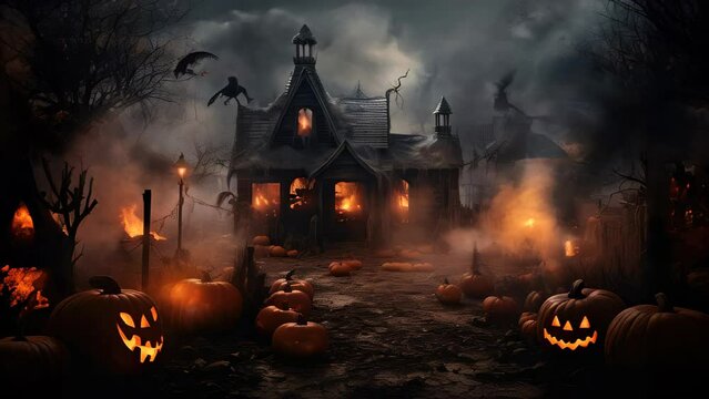 Halloween background. Spooky pumpkin nearby house in dark forest. Halloween design with copy space. Jack 'O Lantern In forest In Spooky Night Halloween.