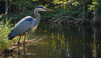  a bird with a long neck standing in a body of water with trees in the back ground and grass in the foreground.