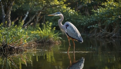  a couple of birds standing on top of a river next to a lush green forest filled with lots of trees.