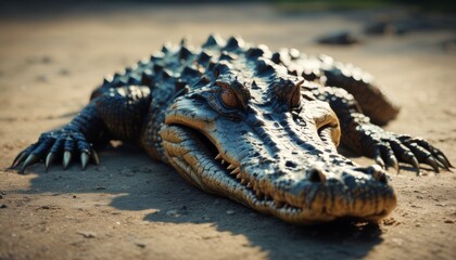 Fototapeta premium a close up of an alligator's head laying on the ground with it's mouth open and it's eyes closed.