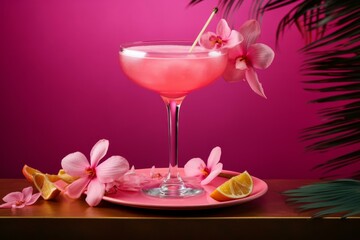 Refreshing Pink cocktail tropical. Frozen liquid. Generate Ai