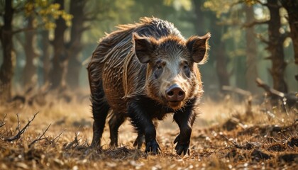  a wild boar walking through a forest with lots of brown leaves on it's ground and trees in the background.