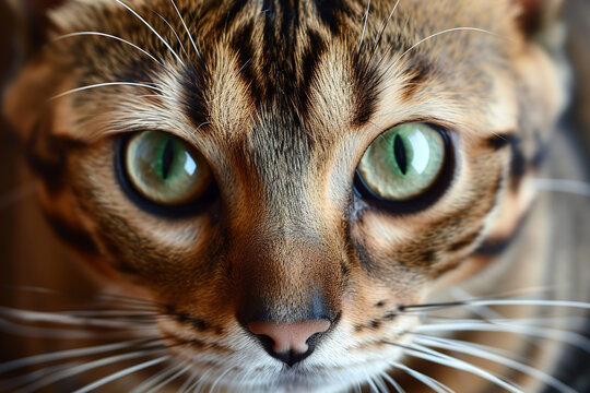 Close-Up Picture of a Beautiful Bengal Cat, cat looking at Camera, cat portait