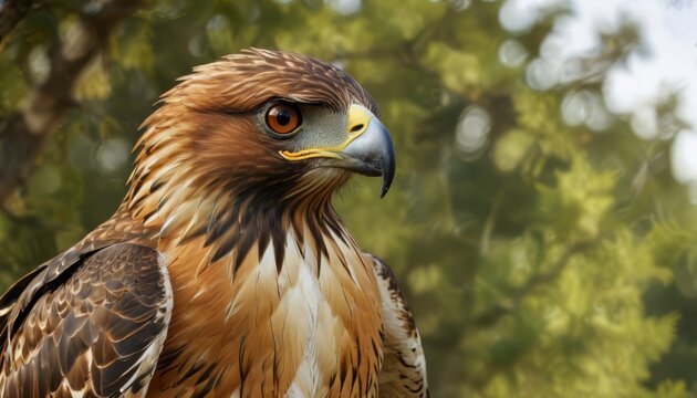  a close up of a bird of prey on a tree branch with a blurry background of trees in the background.