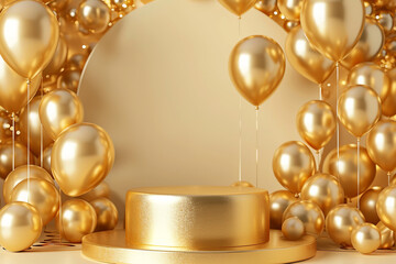 Gold podium 3D background with balloon gift. Festive presentation studio showcase decoration premium scene. Platform for showing products.