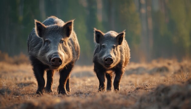  two wild boars standing in a field with trees in the backgrouf of the picture and grass in the foreground.